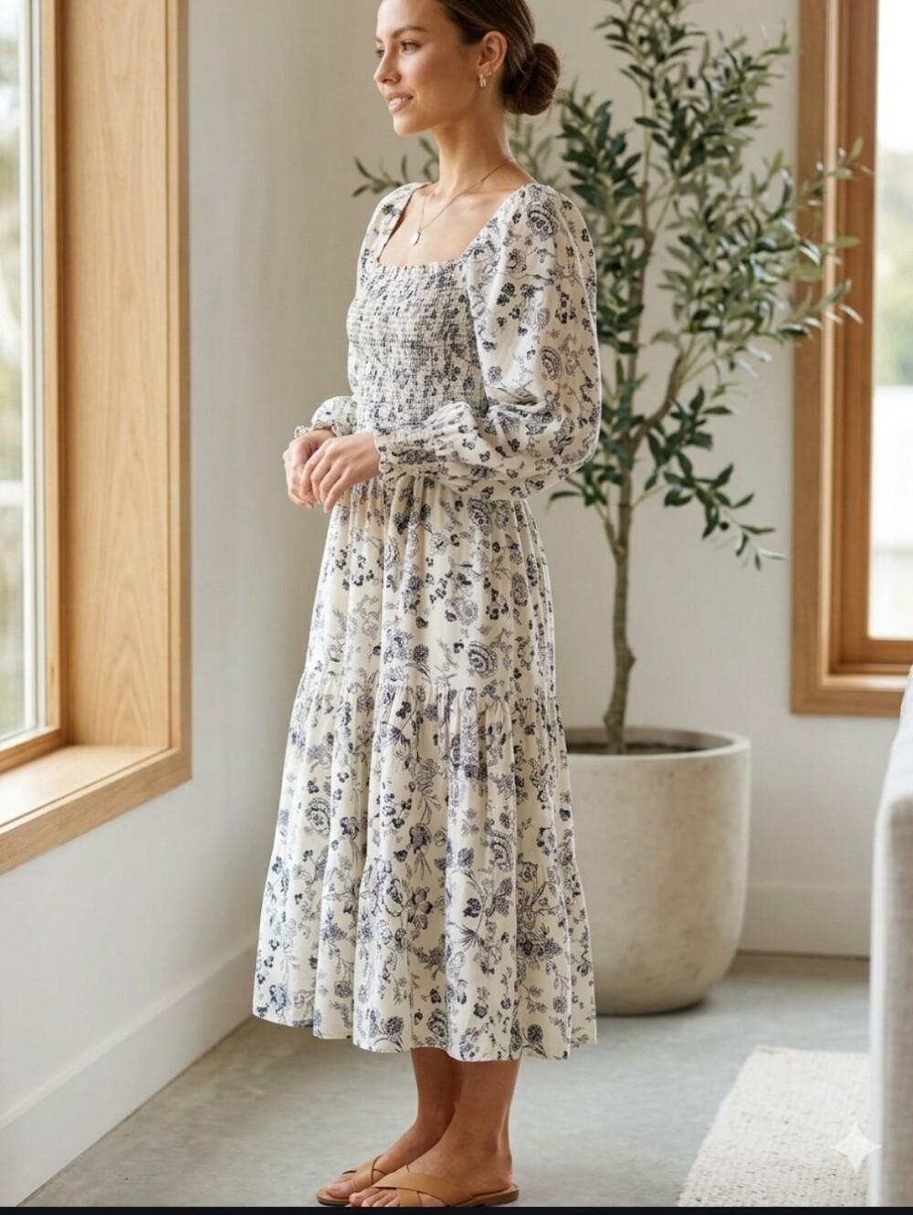 Wishing Waves Floral Smocked Midi Dress in Cream and Black Sz. M NEW